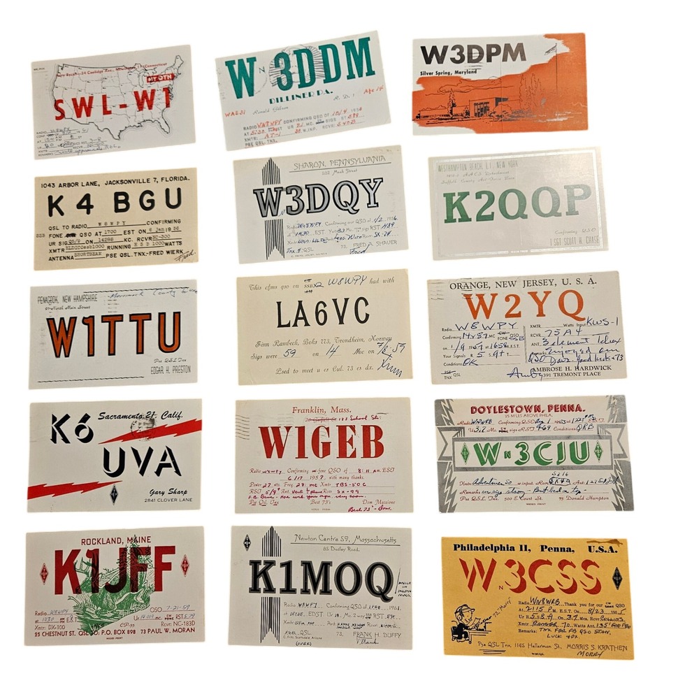 15 Vintage 50s 60s Ham Amateur Radio QSL Cards Massachusetts, Florida, New‎ York